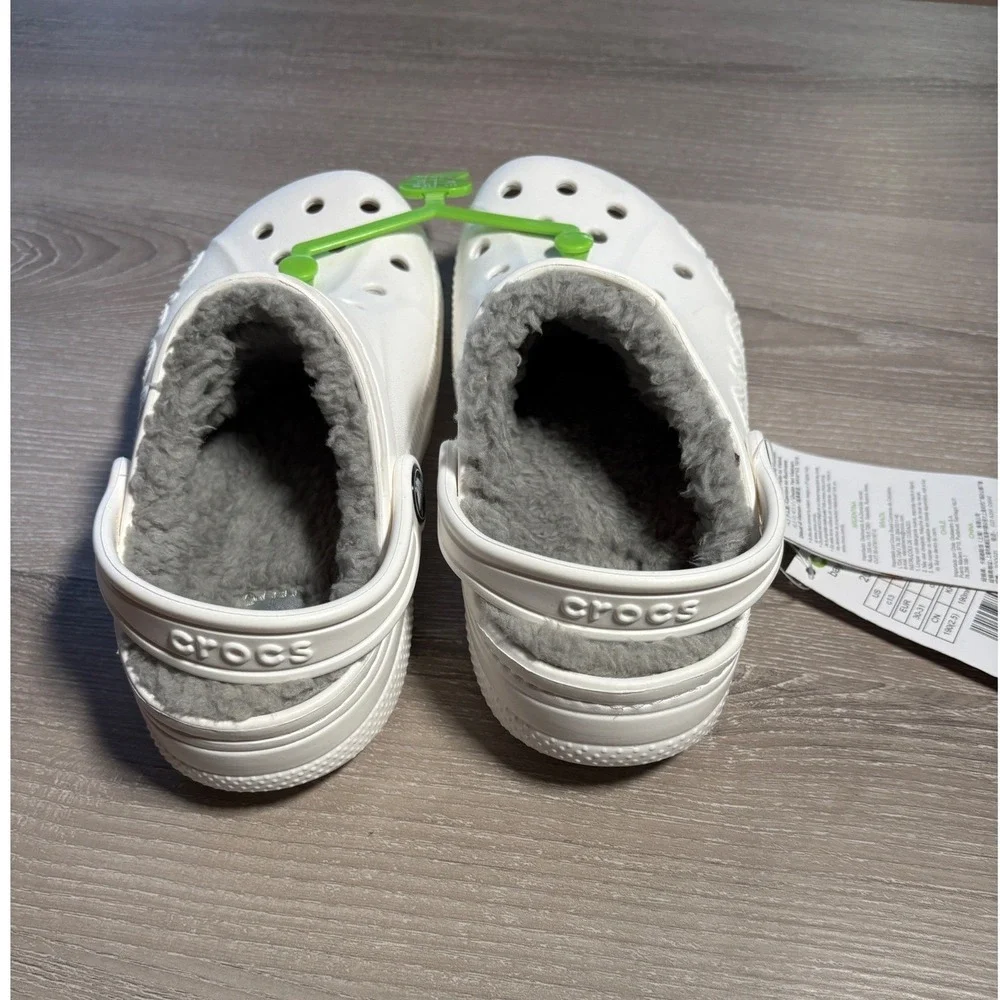 NWT Crocs Girls 13 Baya Lined Clog K White Grey Fuzzy Fleece‎ Kids School Summer